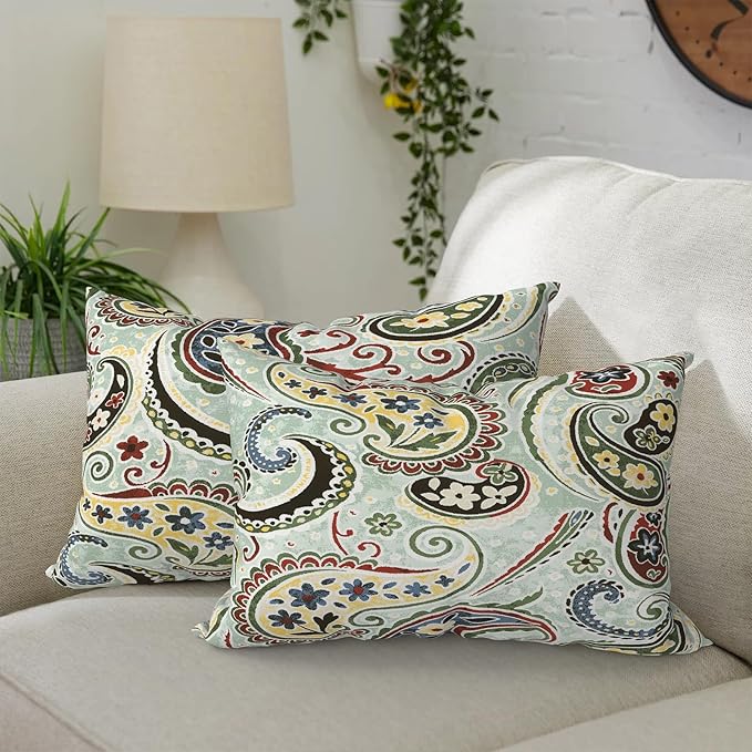 DYTXIII Pack of 2 Outdoor Waterproof Lumbar Pillow Covers ONLY, 12x20 Rectangle Decorative Double Printed Pillow Cases for Patio Couch Porch Furniture - Paisley Lightcyan
