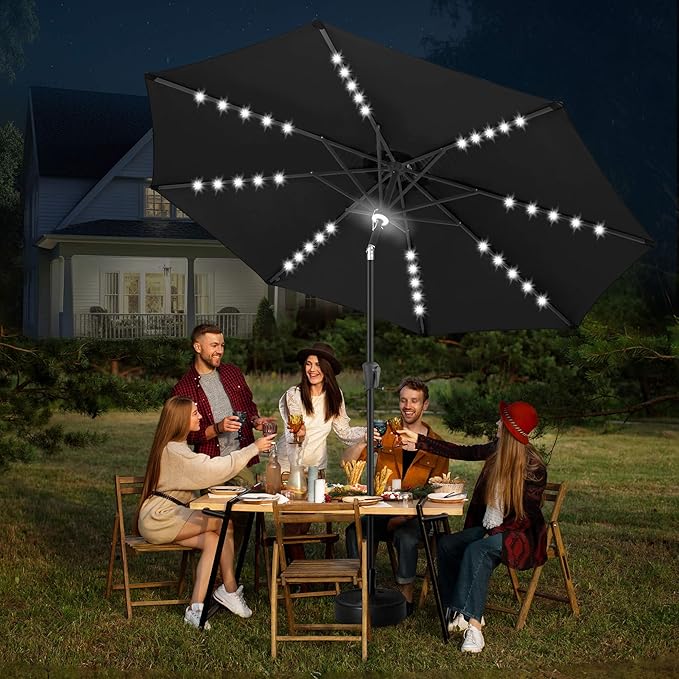 FLAME&SHADE 11 FT Solar Light Patio Umbrella, 40 LED Lights Outdoor Umbrella with Centre Surround Light, Table Market Umbrella for Deck, Pool, Porch, Backyard, Garden, UV Protection, Black