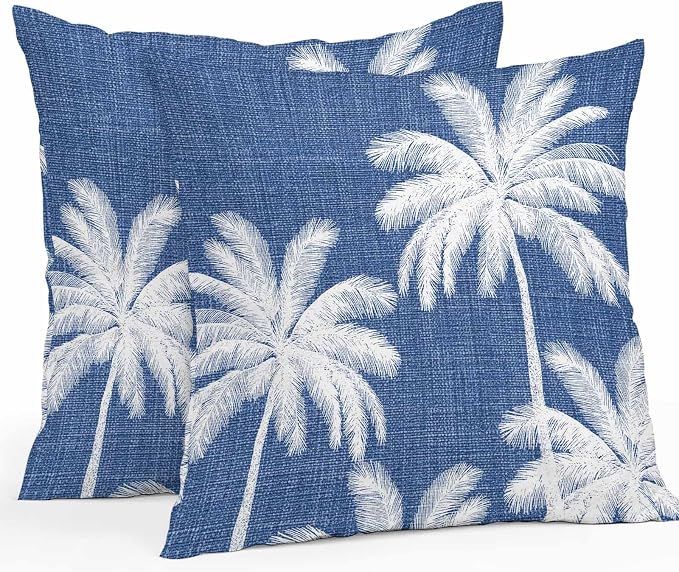 Outdoor Pillow Covers 24x24 Inch Set of 2, Navy Blue Palm Trees Waterproof Throw Pillow Covers, Farmhouse Tropical Summer Beach Decorative Cushion Pillowcases for Couch, Sofa, Bed, Garden, Patio