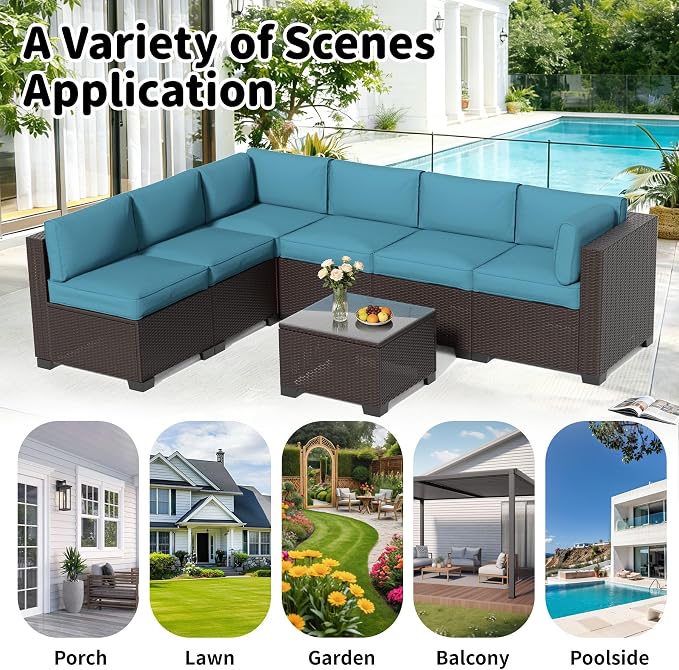 YLGJ&TIDY 7-Piece Outdoor Sectional Patio Furniture Set, All-Weather Wicker Rattan Sofa w/Thick Washable Cushions & Tempered Glass Table, Perfect for Garden, Poolside, Backyard (7, Peacock Blue)