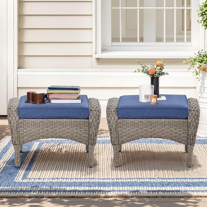 Belord Outdoor Ottomans for Patio Foot Rest - 25 Inch PE Wicker Foot Stool Set of 2 for Patio Furniture Sets,All Weather Rattan Ottoman for Balcony Deck Backyard Brown Gray