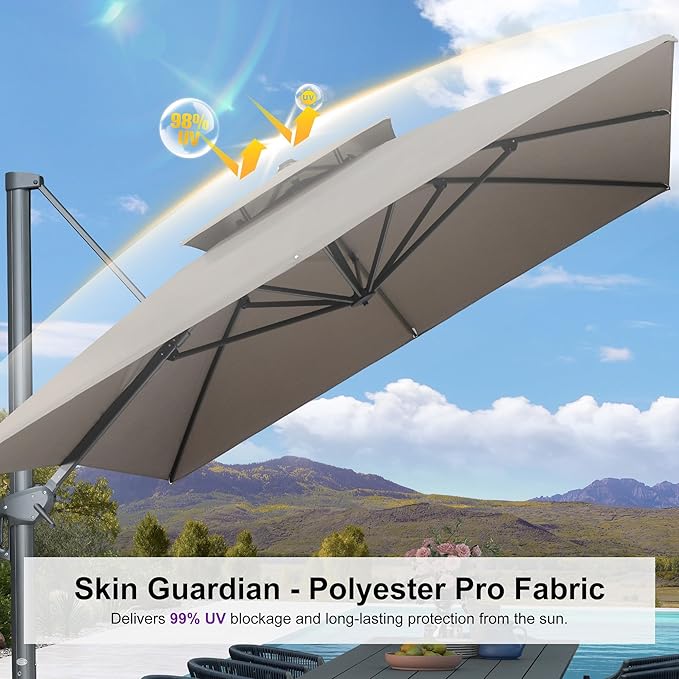 PURPLE LEAF 10' x 13' Cantilever Patio Umbrella with Light, 330lbs Base Large Rectangular Windproof Offset Umbrella for Pool Deck Garden, Ash Mocha