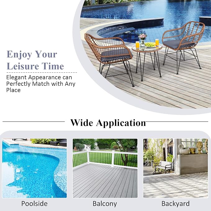 COSTWAY 3 Pieces Patio Bistro Set, Outdoor Rattan Conversation Seating Chair Set with Coffee Table & Soft Cushions, Indoor Wicker Furniture Set for Garden, Balcony, Porch, Pool, Gray