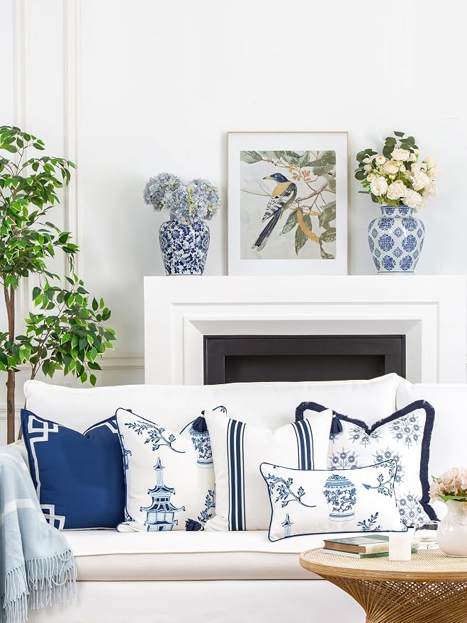 Hofdeco Premium Coastal Patio Indoor Outdoor Lumbar Pillow Cover Only, 12"x20" Water Repellent for Backyard, Couch, Navy Blue Chinoiserie with Piping (Pack of 2)