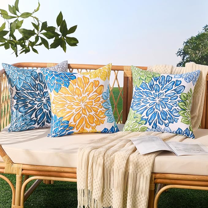 Allorry Outdoor Pillow Covers 20x20 Set of 2 Vintage Blue Green Flower Pattern Decoration Throw Pillow Covers for Spring Summer Outdoor Waterproof Garden Patio Sofa Bedroom Home Decor JB012-C20