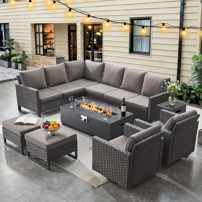 HUMMUH 9 Piece Patio Furniture Set,Outdoor Sectional Sofa Couch & Swivel Rocker Chairs,Propane Firepit with Hidden Fuel Tank,Outdoor Conversation Set for Porch,Garden,Backyard