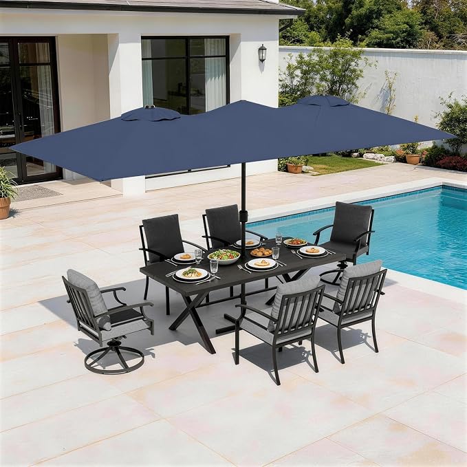 Patio Dining Set for 8 with 13.6ft Double-Sided Patio Umbrella,Outdoor Dining Set of 4 Metal Chairs and 2 Swivel Chairs with Umbrella Hole Table for Backyard,Garden,and Poolside(Grey)