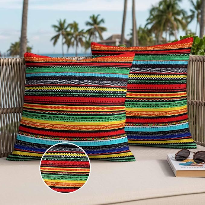 Colorful Stripes Outdoor Waterproof Throw Pillow Covers Set of 2, 18"x18", Mexican Aztec Abstract Ethnic Decorative Pillow Covers Outside Cushion Case for Patio Porch Garden