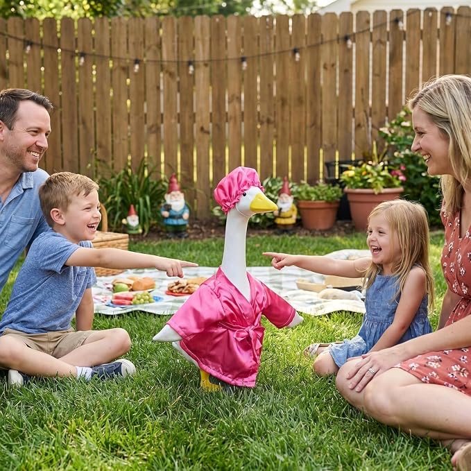 holoith Porch Goose Outfit for 23 Inch Concrete Cement Goose Statue | Lady Bathrobe Goose Clothes Set with Pink Bathrobe & Shower Cap, Summer Goose Costume for Lawn Yard Garden Patio Decor