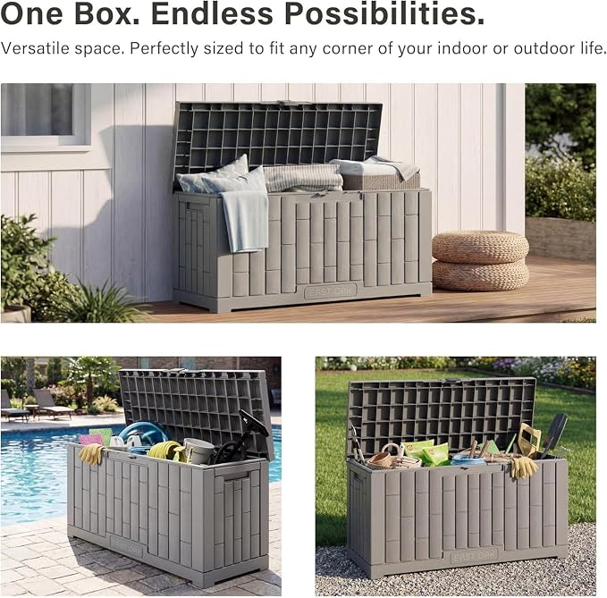 EAST OAK Outdoor Storage Box, 60 Gallon Deck Box Indoor and Outdoor Use, Waterproof Resin Storage Bin for Patio Cushions, Gardening Tools, Lockable, UV Resistant, Ash Grey