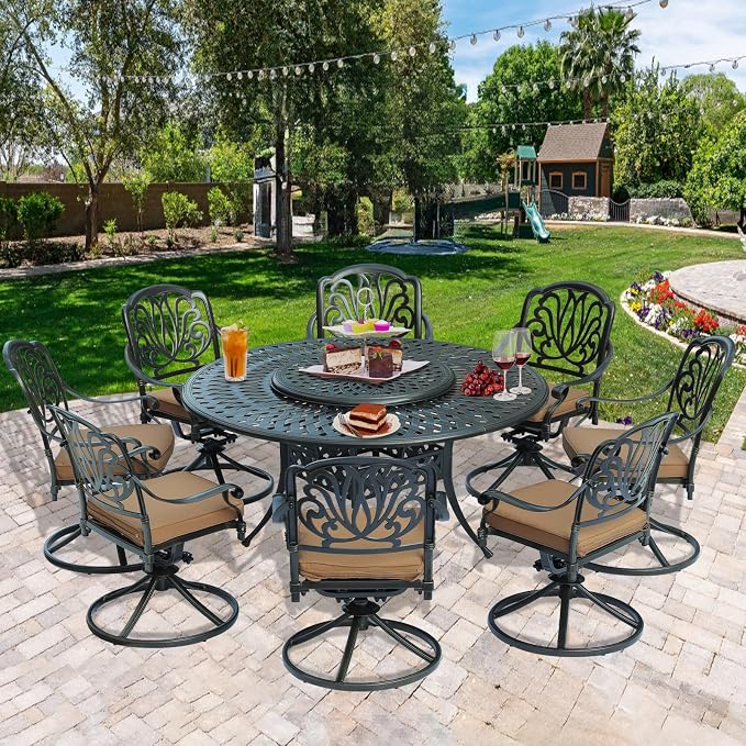 9-Piece Patio Cast Aluminum Dining Set, 8 Person Outdoor Dining Furniture Set, Includes 8 Swivel Dining Chairs and 61" Large Round Dining Table with 31" Lazy Susan, Umbrella Hole, Tan