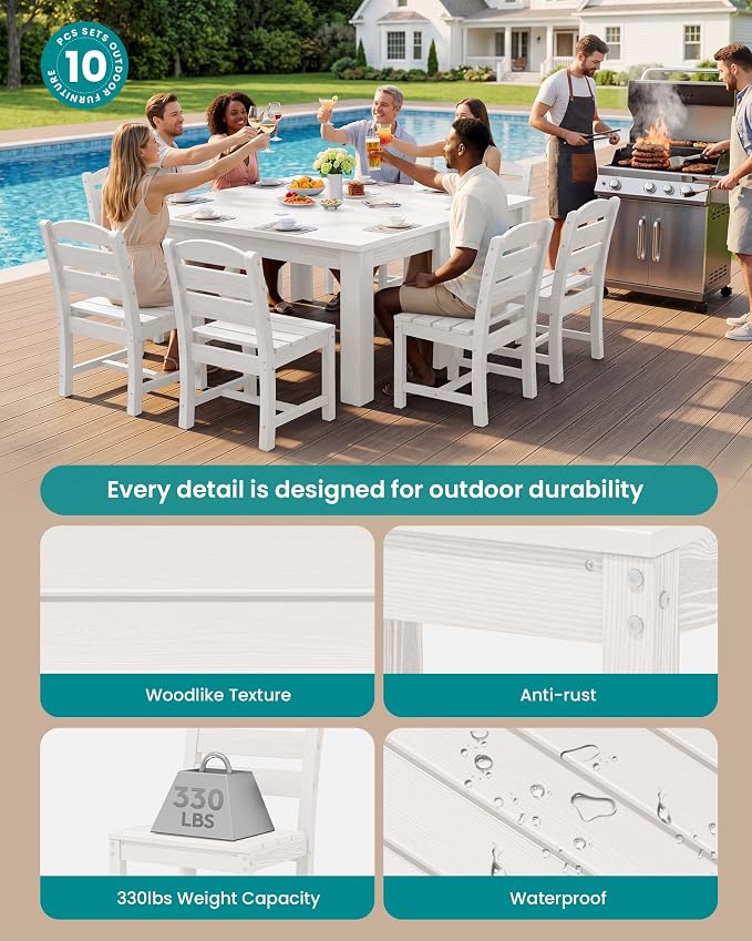 SERWALL 59" Patio Dining Set for 8, HDPE Dining Set, White | Include 2 Rectangular Tables and 8 armless Chairs, All Weather Dining Sets for Garden, Backyard