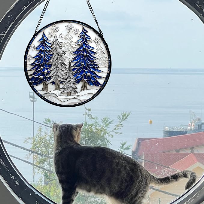 DASTOLL Stained Glass Window Hanging 4 Pcs Set White Winter Christmas Snow Scene 6.3" - Suncatcher Door Garden Sun Catcher Decor Birthday for Mom Woman Nana Men Friend Wife