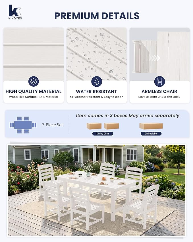 KINGYES 7-Piece Patio Dining Set, HDPE Table and Armless Chairs Outdoor Furniture Set with Umbrella Hole, White