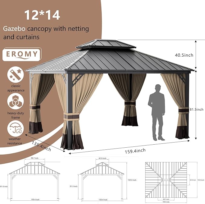 12' x 14' Hardtop Gazebo,Outdoor Permanent Pavilion Double Galvanized Steel Roof Pergola with Nettings and Curtains,Patio Sunshade Gazebos for Patio Lawns Backyard Deck,Brown