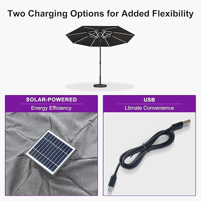PURPLE LEAF 10 FT Semi-Auto Outdoor Patio Umbrella with Base Market Table Sun Umbrellas with Led Lights and 8 Aluminum Sturdy Ribs for Backyard Deck Garden Pool(Gray Pole Gray Canopy)