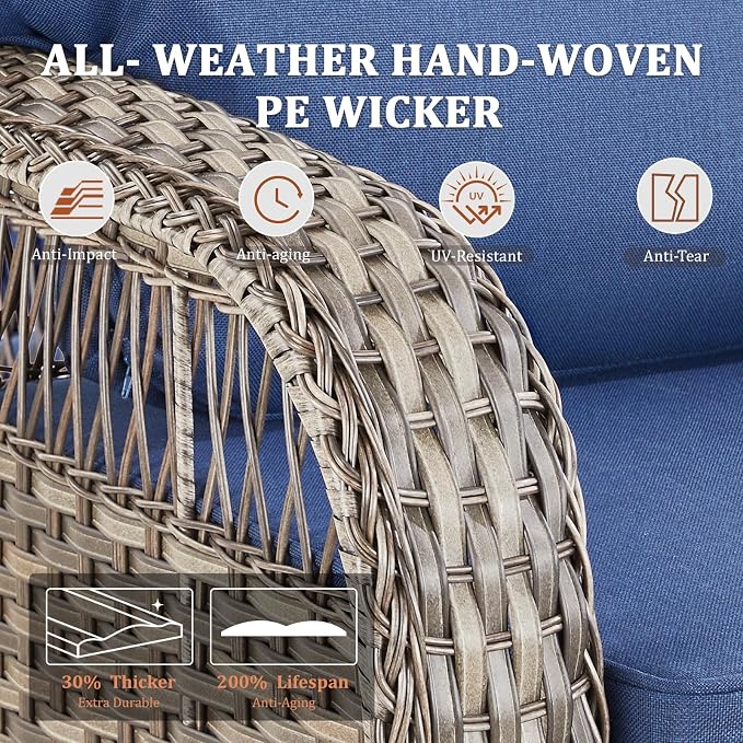 5 PCS Patio Furniture Set Outdoor Sectional Sofa Couch with Rocking Swivel Chairs 5" Deep Seat Chairs, Modern Wicker Rattan Conversation Set, Blue/Gray Wicker