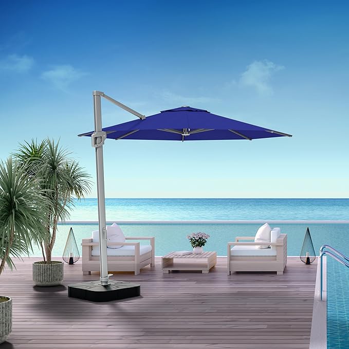Midtown Umbrellas The Grande Round 10 FT Outdoor Cantilever Patio Umbrella w/Terylast Midnight (Royal Blue) Polyester Fabric - 8 Rib Frame Offset w/Tilt & 360° Rotate Pedal System - Silver Frame