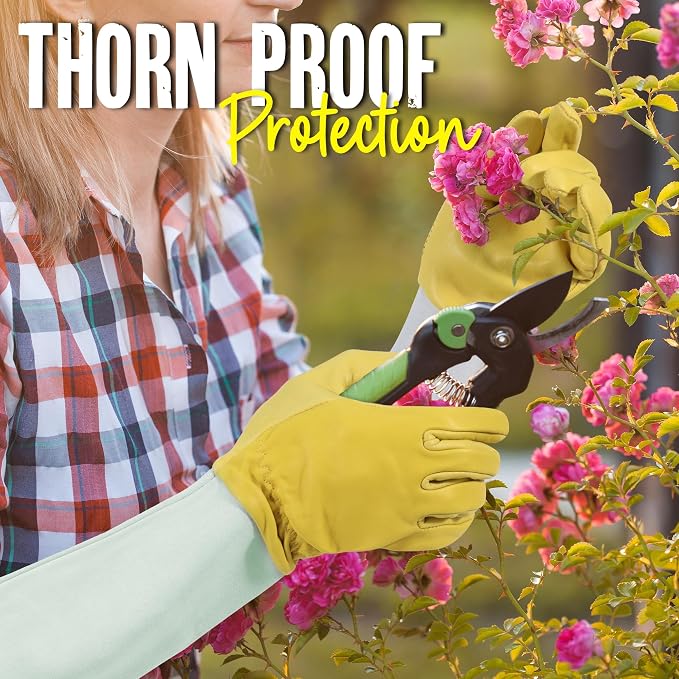 HANDLANDY Rose Pruning Gardening Gloves for Men Women, Thorn Proof Forearm Protection Leather Garden Gloves, Gardening Gifts for Gardeners (Golden Yellow, X-Large)