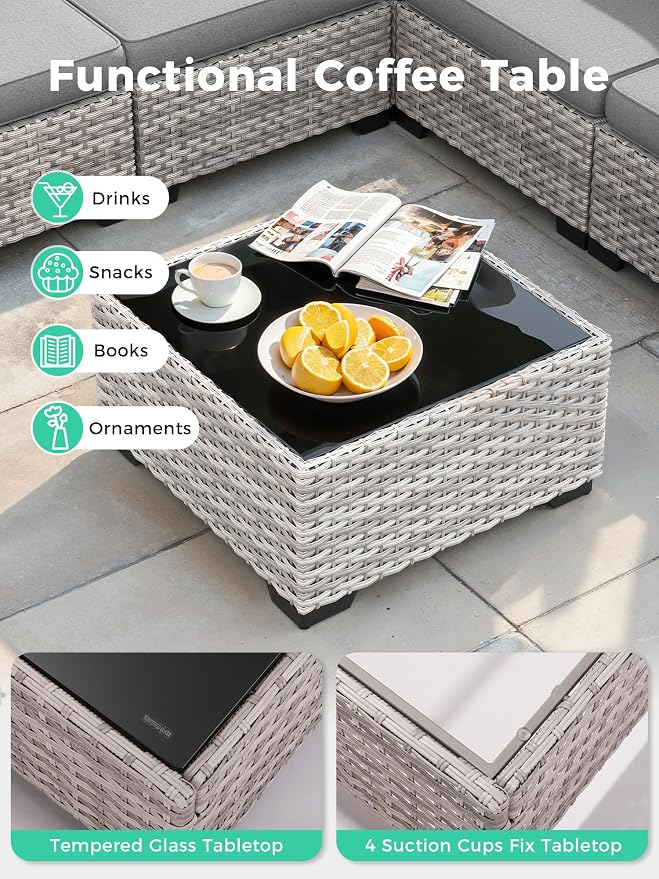 7 Piece Outdoor Wicker Sectional Sofa Set with Fire Pit Table, 5-Seats Conversation Set with 4" Thickened Cushions & Coffee Table, All-Weather PE Rattan for Garden, Backyard, Porch, Gray