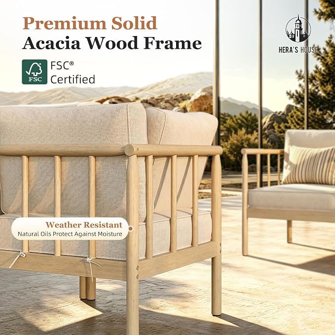 HERA'S HOUSE Patio Furniture,Acacia Wood Outdoor Sectional Sofa with 5.5" Ultra-Thick Cushions, L Shaped Modular Patio Conversation Set,Lawn Garden Backyard Couch Set with Nesting Tables,Beige