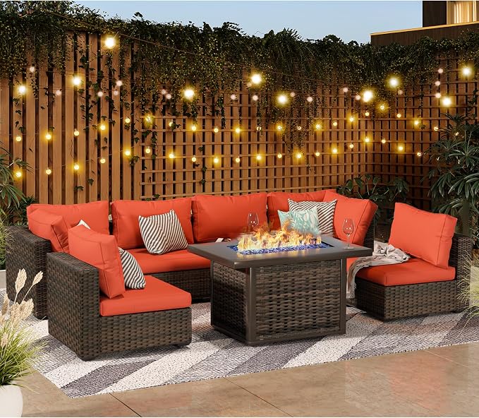 Grezone 15 Piece Patio Furniture Set with 44" Fire Pit Table, Outdoor Sectional Couch, PE Rattan Patio Conversation Sets with 4inch Cushions for Backyard Red