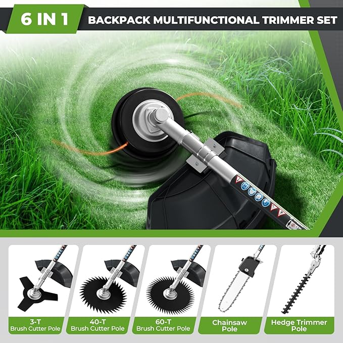 6-in-1 Multi-Functional Gas Powered Weed Wacker, 52CC 2-Stroke Backpack Gas Weed Eater String Trimmer, Hedge Trimmer, Pole Saw, Brush Cutter Blade, Safety Lock & Shoulder Strap for Garden, Yard