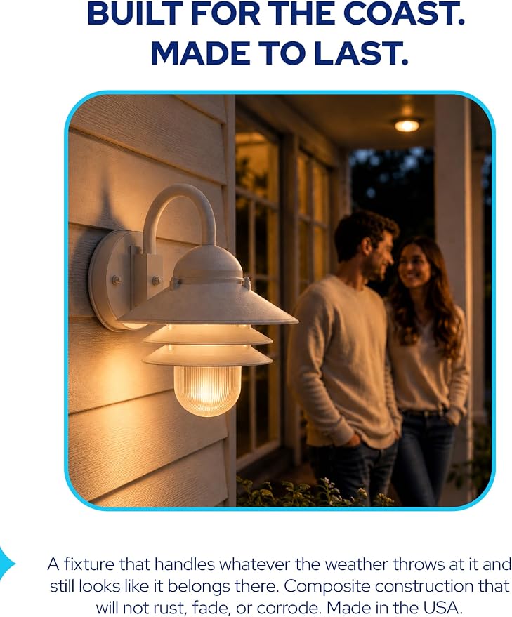 Nautical Outdoor Sconce Wall Mounted Light - Rust & Waterproof Non-Metallic Coastal Lantern - UL Listed Patio Deck Porch Front Door & Dock Lighting Fixture - USA Made, 13"x10", Matte White | Anti Rust Coastal Lighting, Dock Light - Clear Polycarbonate ...