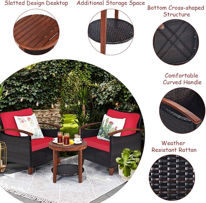 COSTWAY 3PCS Patio Rattan Furniture Set, Outdoor Solid Wood Frame Cushion Sofa with Round Table for Garden Porch Backyard Poolside (Red)