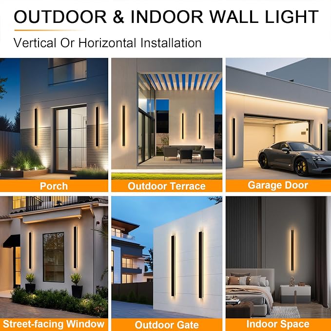 AioTio Modern Outdoor Wall Light, 47inch 2pack Exterior Lighting Fixture Wall Mount,Black IP65 Waterproof Porch Lights Wall Sconce,3000K Long LED Linear Outside Lighting for Garage, House,Front Door