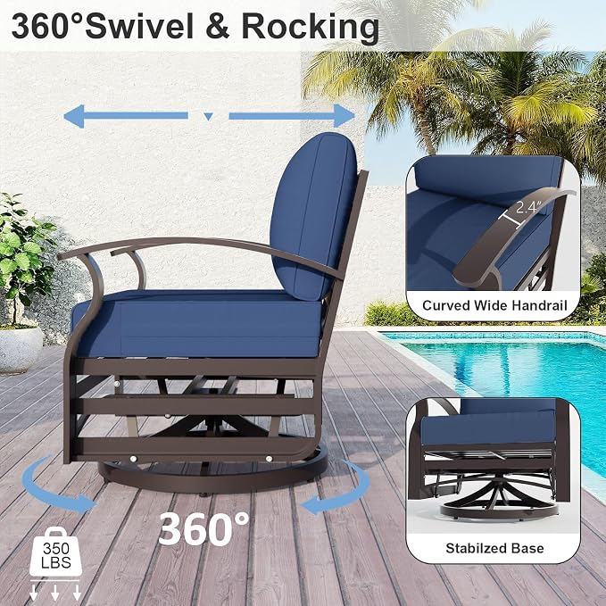 ALAULM Aluminum Patio Furniture Set with Coffee Table Rectangular, 5-seat Outdoor Sectional Furniture w/2 Swivel Chairs, Patio Conversation Set for Porch, Backyard, Poolside-Dark Blue