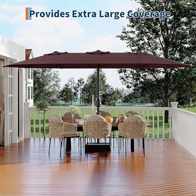 Garvee 15FT Rectangular Outdoor Umbrella Patio Umbrella with Base Included Large Market Umbrellas with Crank Handle UV Protection Table Umbrellas for Outdoor, Backyard, Deck, Poolside, Burgundy