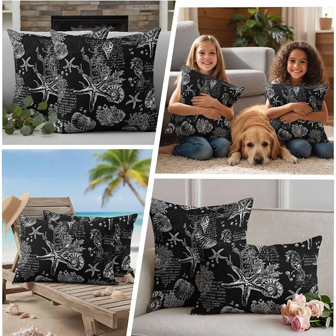Black Coastal Waterproof Outdoor Pillow Covers Set of 2 Home Decor, Nautical Ocean Starfish Seashells Coral Pillowcase Patio Pillow Covers for Couch Bench Furniture Garden 16x16in