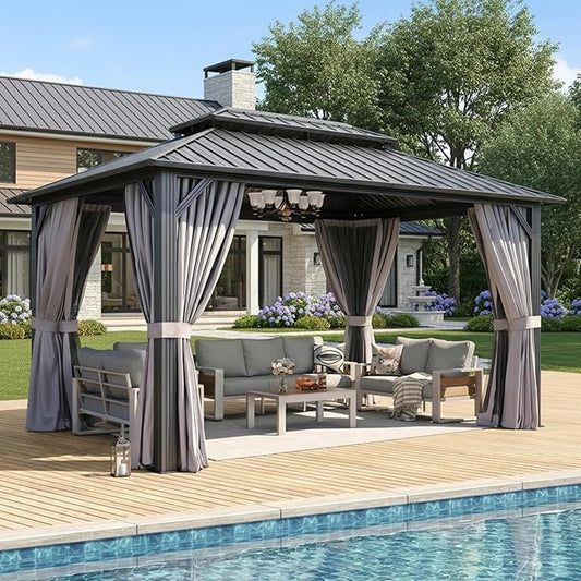 Aoxun 10'x14' Hardtop Gazebo, Aluminum Frame Canopy with Double Galvanized Steel Roof, Outdoor Metal Pavilion with Netting, Curtains for Backyard, Patio and Deck