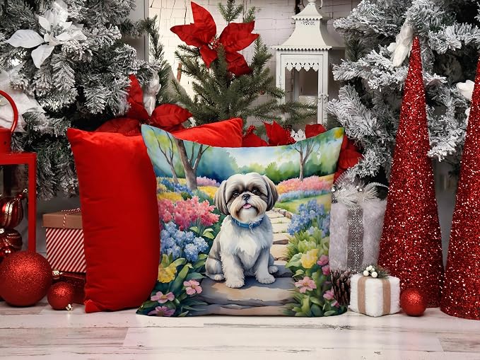 Caroline's Treasures Shih Tzu Spring Path Throw Pillow Machine Washable, Indoor Outdoor Decorative Pillow for Couch, Bed or Patio, 14Hx14W