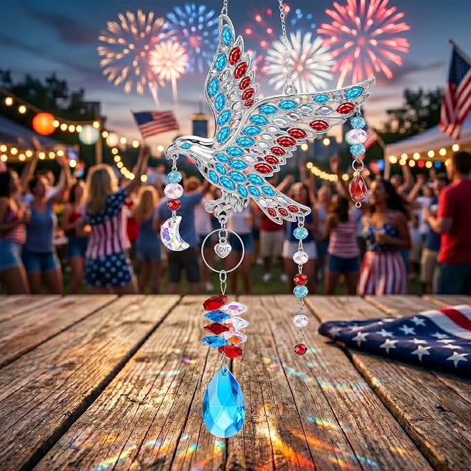 250th Anniversary USA Eagle Crystal Suncatcher, 4th of July Decorations for Home Garden Window Hanging, Red White and Blue American Flag Gifts for Women, Independence Day Patriotic Decor