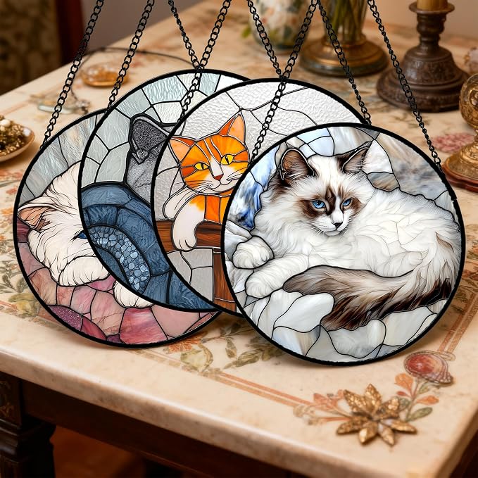 Stained Glass Window Hanging 4 Pcs Set Cute Cat 7.8" - Suncatcher Door Garden Sun Catcher Decor Birthday Mother's Day Christmas Comfort Gifts for Lost Pet Woman Nana Mom Men Friend