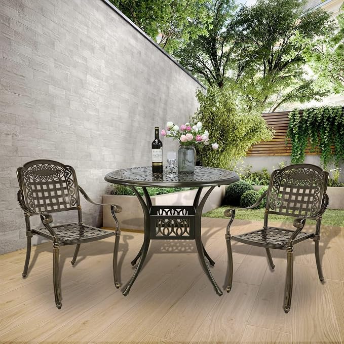 MEETWARM 3 Piece Outdoor Patio Bistro Set, All-Weather Cast Aluminum Dining Furniture Set Includes 2 Chairs and a 35.4” Round Table with Umbrella Hole for Garden Deck