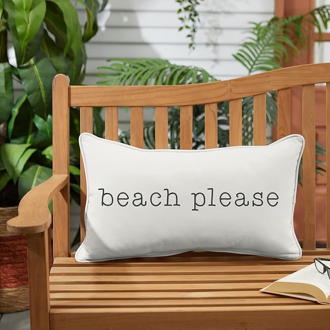 Sorra Home Trupedic Indoor/Outdoor Natural and Black Lumbar Embroidered Pillow Beach Please