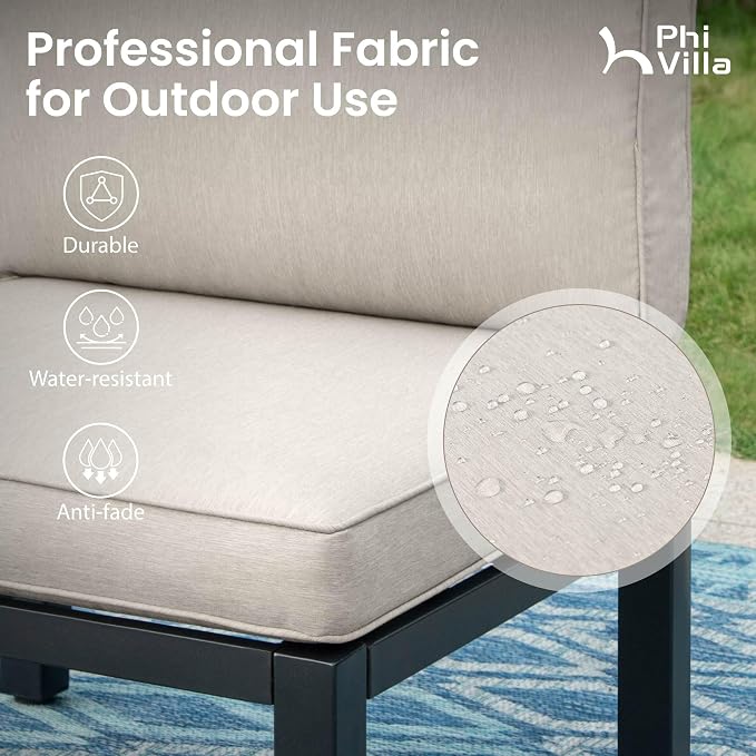 PHI VILLA 5 Pieces Outdoor Patio Furniture Set,Metal Frame Modern Outdoor Sectional Sofa Set,6 Seats Patio Conversation Sets with Coffee Table&Thickened Cushion,for Poolside and Backyard,Light Grey