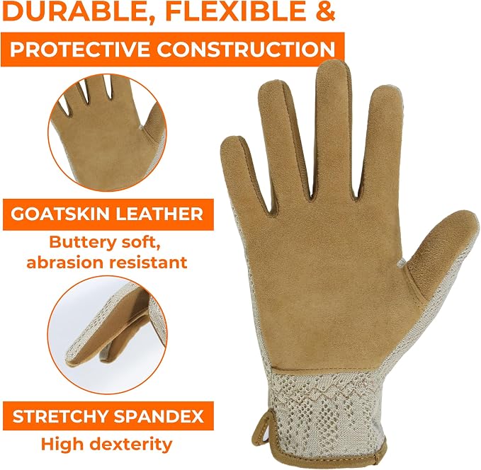 HANDLANDY Gardening Gloves for Women, Leather Garden Glove, Gardener Gift | Breathable Floral Ladies Leather Garden Yard Gloves, for Trimming, Weeding, Digging, Planting, Pruning