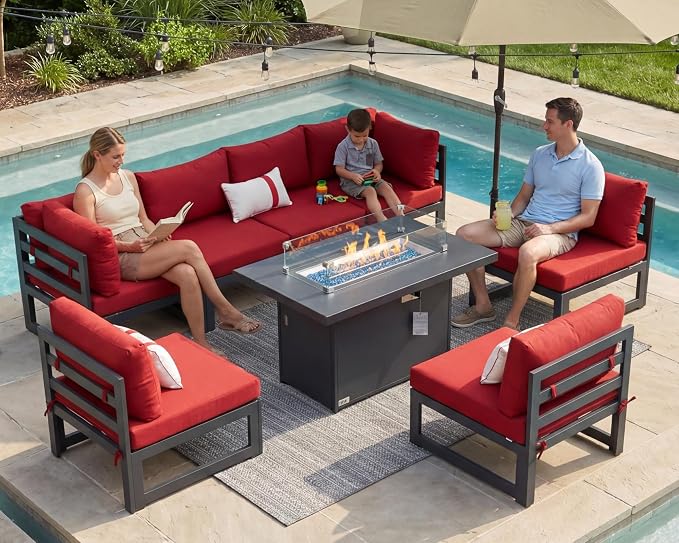 RADIATA 6 Person Oversized Modular Aluminum Outdoor Furniture Set with Fire Pit Table, 29 inch Deep Wide Sectional Seating, 500 lbs High Weight Capacity Patio Conversation Set for Garden, Burgundy