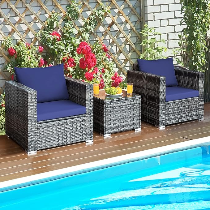 HAPPYGRILL 3 Pieces Patio Conversation Set Outdoor Rattan Wicker Sofa Set with Coffee Table Patio Furniture Set with Soft Cushions for Balcony Porch Backyard Garden