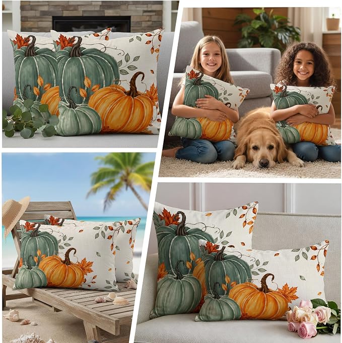 Green Orange Fall Waterproof Outdoor Pillow Covers 26''x26'' Set of 2, Maple Leaves Thanksgiving Patio Furniture Cushion Covers for Chairs,Decorative Farmhouse Beige Pillow Cases for Garden/Pool/Beach