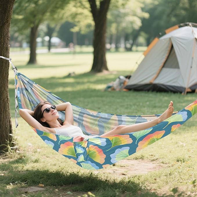 Camping Hammock Outdoor Hammocks for Outside Ginkgo Biloba Leaves Beach Trees Portable Lightweight with Pockets Tree Straps Indoor Small