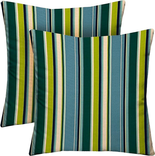Square Throw Pillows Set of 2 |24"x24"| All-Weather Spun Fabric | Water and Fade-Resistant | Outdoor Accent Pillows for Patio Furniture | Covert Capri Blue Stripe - Made in USA
