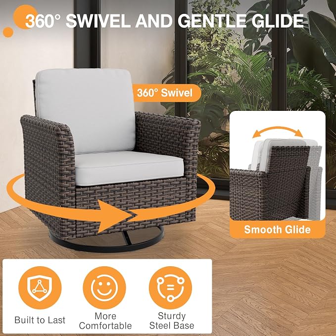 COOS BAY Harbor Retreat 4 Piece Outdoor Furniture Set, Patio Conversation Set with Swivel Rocking Chairs and Ottomans, Wicker Furniture, Brown/Beige