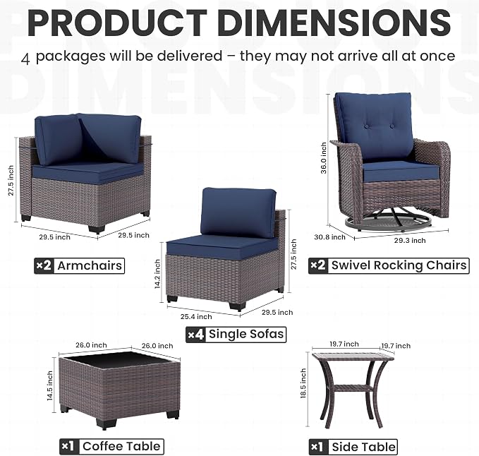 10 Pieces Outdoor Patio Furniture Set,Outdoor Sectional Furniture All Weather PE Rattan Wicker Patio Conversation Set with Coffee Table,Swivel Rocking Chairs Set,Navy Blue