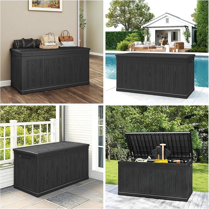 Skepphlay 260 Gallon Deck Box Large Outdoor Storage Box, Waterproof Pool Storage Cushion Boxes Bin, 440 lbs Load Capacity Black Outdoor Storage Bench for Garden, Patio