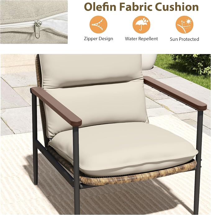 HAPPATIO 3-Piece Outdoor Furniture Set, Patio Aluminum Conversation Set with Wicker Seat and Acacia Wood Armrest, Removable Thick Olefin Cushion for Garden Lawn Backyard